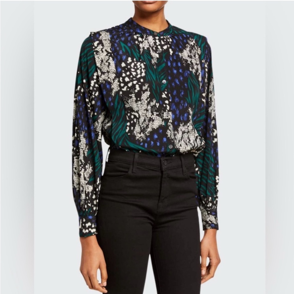 Veronica Beard Buckley Blouse shirt top stretchy silk US 10 blue green black - Picture 2 of 12